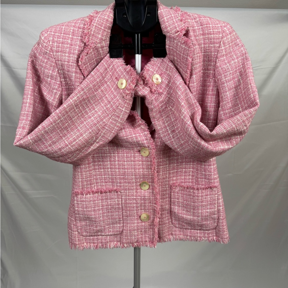 Pink Tweed Blazer Chanel Style Jacket Jones New York Signature Size 4 - Picture 4 of 8